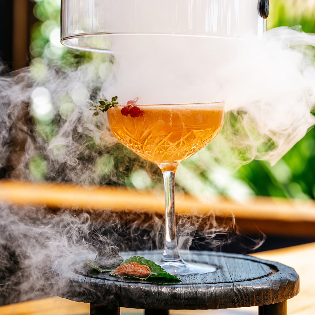 Cóctel tropical premium con guarnición de frutas tropicales en el Bar Astral de Puerto Banús